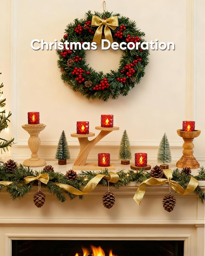 Homemory 2" x 2" Acrylic Votive Candle Holders with Auto Timer Flameless Led Tealight, Battery Powered Fake Electric Candles for Wedding Centerpiece, Table, Christmas Decor (6Pack, Red Base)
