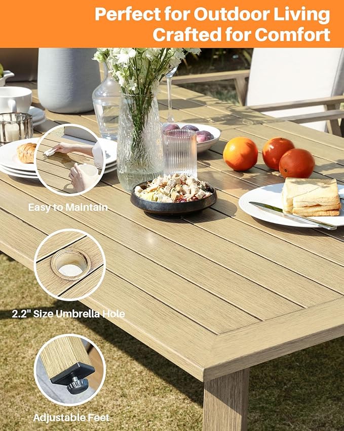 7 Pieces Outdoor Dining Set for 6, Never-Rust Aluminum Patio Swivel Dining Set with 2.2" Umbrella Hole, Outdoor Patio Furniture Set with 2 Swivel Chairs for Decks, Pool, Backyard, Maple Wood