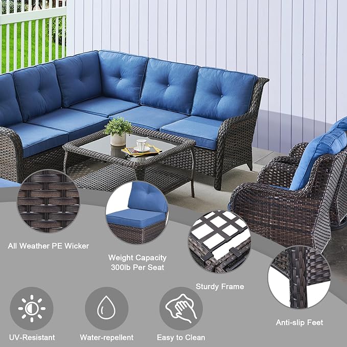 HUMMUH 8 Pieces Outdoor Patio Furniture Set with Fire Pit,L-Shaped Modular Sectional Couches with Swivel Patio Chairs,Wicker Conversation Set for Deck,Backyard,Porch,Garden