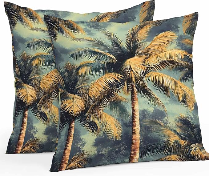 Palm Tree Waterproof Outdoor Pillow Covers Set of 2 Home Decor, Retro Summer Botanical Tropical Plant Leaves Pillowcase Patio Pillow Covers for Couch Bench Furniture Garden 20x20in