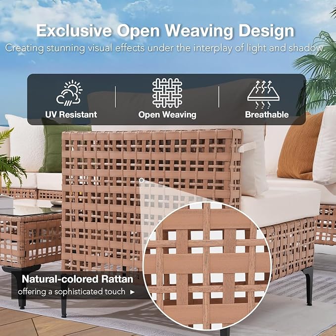 8-Piece Wicker Patio Furniture Set with Propane Fire Pit Table, Natural PE Rattan Outdoor Sectional Sofa with Water-Resistant Cushions, Wind Guard and Cover for Backyard Lounge Area(White2)