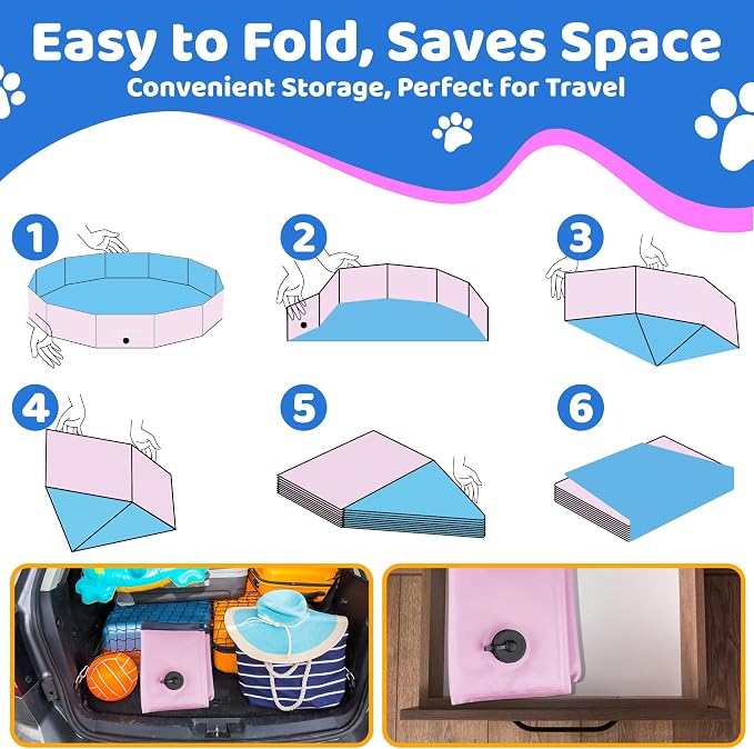 CACSPS 2025 Updated Foldable Dog Pool, 79" x 12" Kiddie Pool with Hard Plastic, Non-Slip Dog Bath Tub for Outdoor Backyard, Collapsible Dog Swimming Pool for Kids Dogs Pets (Pink)