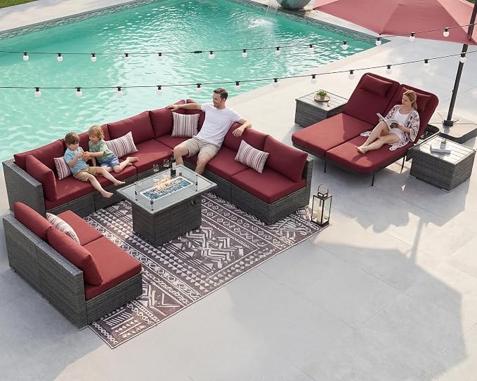 NICESOUL 13 Piece Outdoor Furniture with Fire Pit, Luxurious Wicker Patio Sectional with Fire Pit & Chaise Lounge, 500 lbs Heavy Duty 10-Person Deep Wide Couch Set for Deck, Lawn, Grey & Burgundy