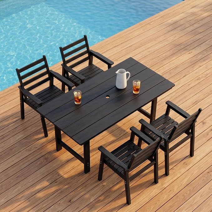 5 Piece HDPE Outdoor Dining Set for 4, Patio Dining Furniture Set with 2” Umbrella Hole, Weather Resistant Outdoor Table and Chairs for Garden, Poolside, Backyard, Deck