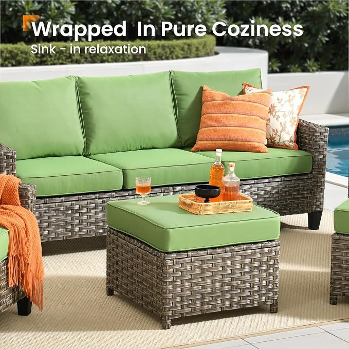 CAODOC Patio Furniture Set, 7 Pieces Outdoor Wicker Rattan Sofa Couch with 4 Chairs, Ottomans and Comfy Cushions, All Weather High Back Conversation Set Garden Backyard, Brown Rattan Green Cushions