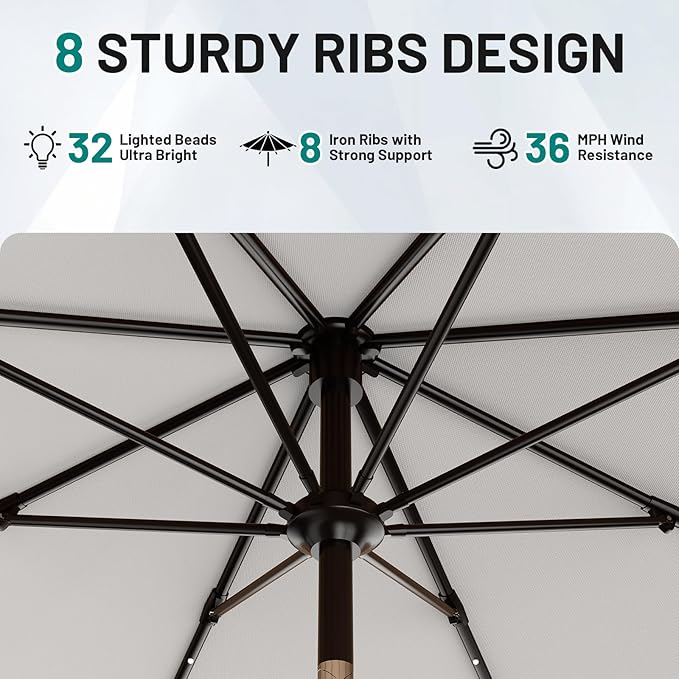 AreShark 9FT Patio Umbrella with Solar Lights, 32 Lighted Pool Umbrella w/Tilt and Crank, Outdoor Market Solar Umbrellas for Garden, Deck, Backyard, Pool and Beach, Light Gray