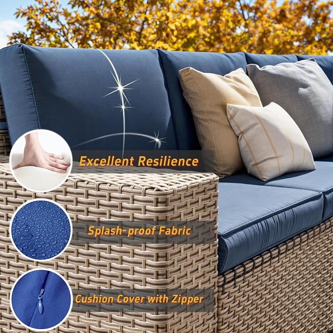 10 Pieces Patio Furniture Set with Fire Pit Table, Outdoor Sectional Wicker Sofa with Thick Cushions, High Back Swivel Rocker Patio Chairs, Rattan Conversation Set with Coffee Table, Navy