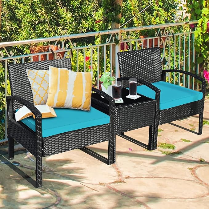 Hysache 3 Piece Patio Furniture Set, PE Rattan Conversation Set w/Washable & Removable Cushion, Coffee Table w/Storage Space, Wicker Sofa Set for Garden Poolside Balcony (Turquoise)