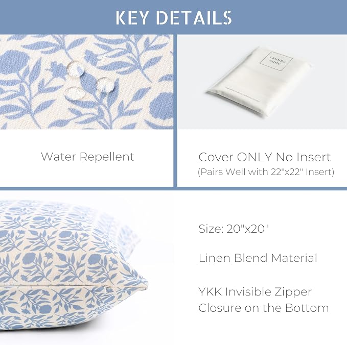 California Casual Coastal Indoor Outdoor Throw Pillow Cover, 20"x20" Water Repellent for Patio, Backyard, Couch, Poolside, Light Blue Print Floral and Leaves Geometric
