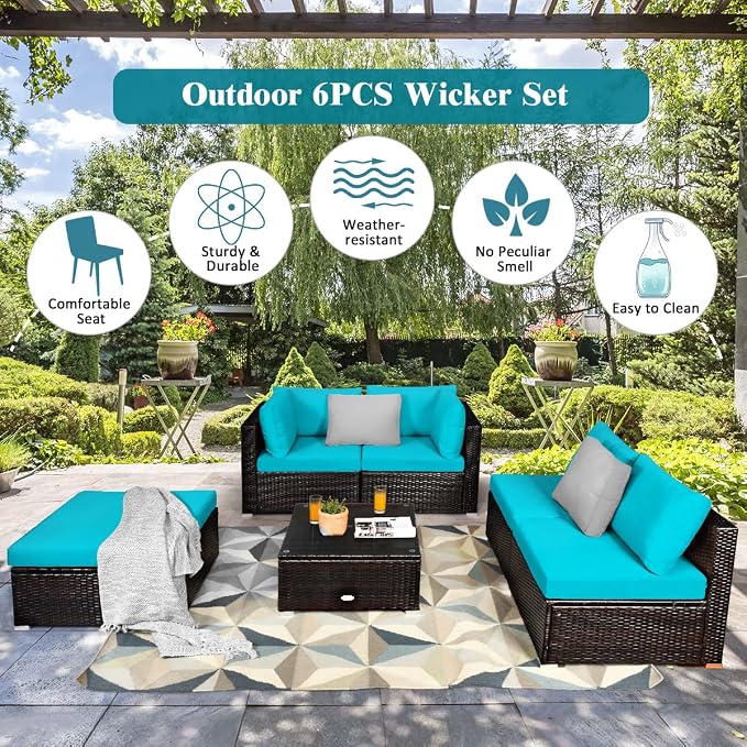 RELAX4LIFE 6-Piece Patio Sofa Set - Outdoor Sectional Sofa Set Wicker Conversation Set w/Table & Removable Cushions, Modular Sofa Set Patio Furniture for Backyard, Poolside, Balcony (Turquoise)
