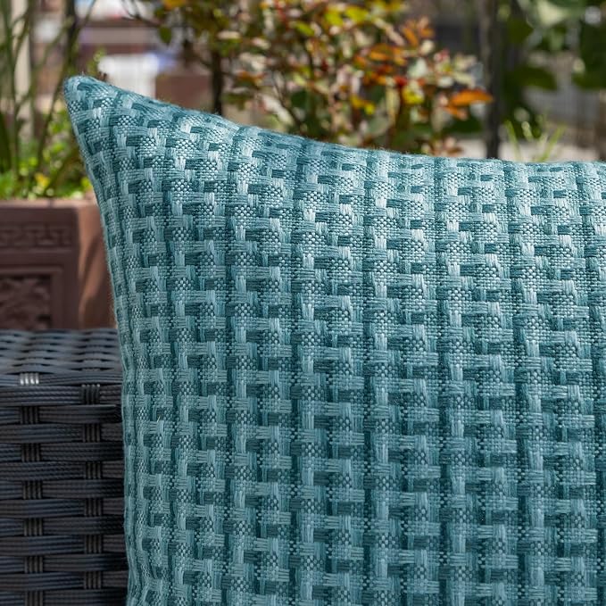 Kevin Textile Outdoor Waterproof 24"x24" Pillow Covers 2 Pack, Teal | Water Resistant Weaving Faux Linen Texture Throw Pillow Covers, Outside Decorative Pillowcases for Garden Patio Balcony Couch