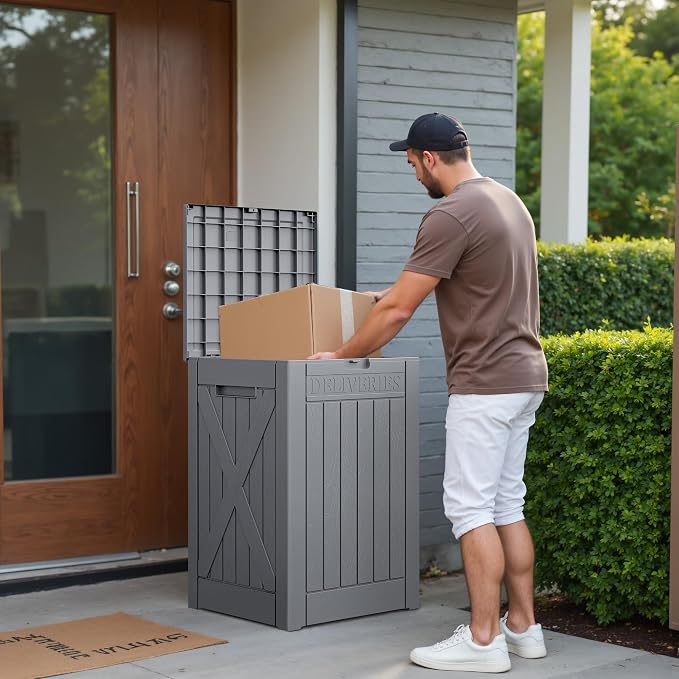Greesum 52 Gallon Outdoor Resin Package Delivery Box for Porch, Lockable Secure Double-Wall, Waterproof Deck Box for Package Protection, Gray