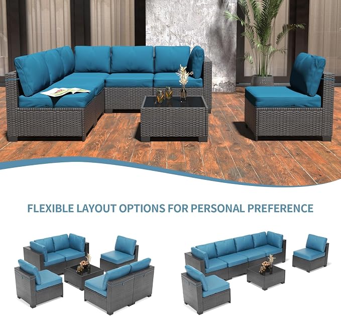 GAOMON 7-Piece Outdoor Patio Furniture Set, All-Weather Wicker Sectional Sofa with Thick Cushions and Glass Top Coffee Table, Modular Conversation Set for Garden, Balcony, Porch, Poolside