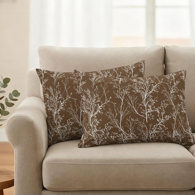 Brown Branches Waterproof Outdoor Pillow Covers Set of 2 Home Decor, Abstract Art Leaves Plant Lumbar Pillowcase Patio Pillow Covers for Couch Bench Patio Furniture Garden 20x12in