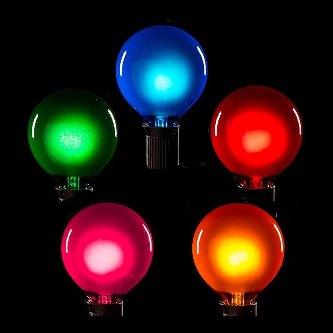 G40 Assorted Satin Pearl Colored String Lights (50 Foot – Black Wire) | G40 Assorted 1.6" Bulbs, Outdoor Globe Patio String Lights