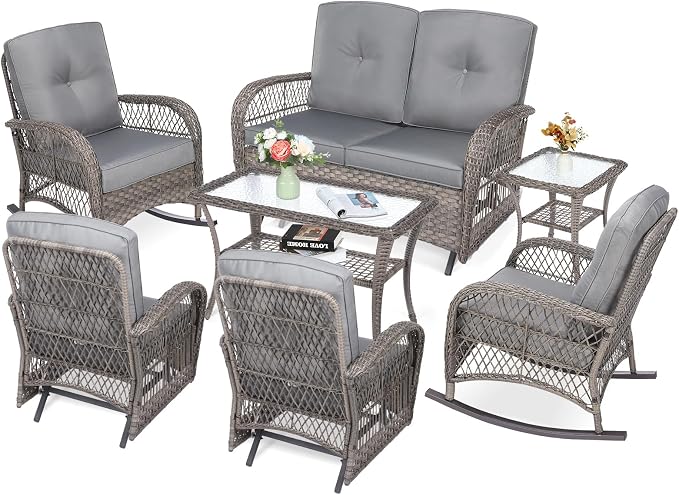 VIVIJASON 7-Piece Outdoor Patio Wicker Conversation Sets, All Weather Outdoor Rattan Furniture Set Includes Glider Loveseat, 2 Rocking Chairs, 2 Glider Rocker Chairs, 2 Coffee Table, Grey