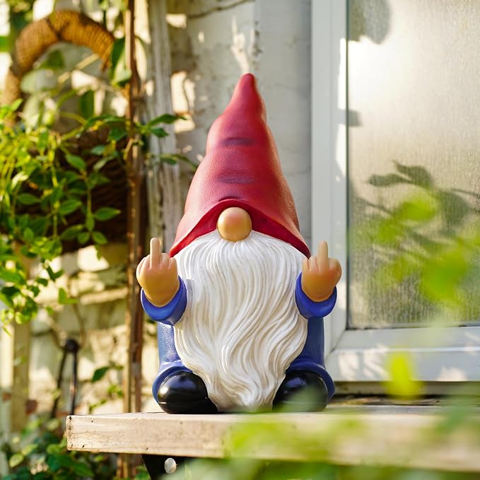 Middle Finger Gnome Statue 12.4in, Large Naughty Garden Gnome Statue Decoration and Lawn Ornament - Funny Garden Gnomes for Outdoor or Home Decor