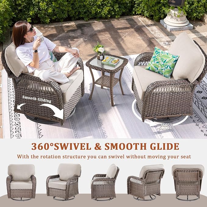 Patio Furniture Sets, 6 PCS Wicker Outdoor Furniture with Patio Sidetables - Patio Swivel Rocking Chairs and Rattan Side Table for Garden, Porch, Backyard, Beige/Brown Wicker