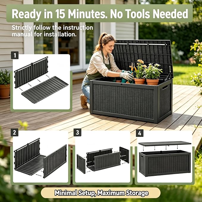 328 Gallon Waterproof Outdoor Storage Box, Heavy Duty Resin Deck Box Lockable, Large Outside Patio Storage Bench for Garden Tools & Pool Accessories, Hydraulic Lift, All-Season UV-Resistant, Black