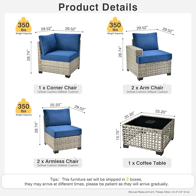 WEAXTY 6 Pieces Patio Furniture Set, Outdoor Sectional Sofa Couch with Solar Coffee Table, All-Weather Outside Furniture Patio Conversation Sets for Backyard Porch Balcony (Navy Blue)