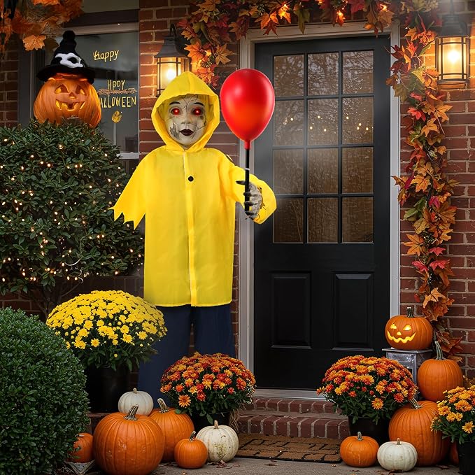4 Ft Life Size Halloween Animatronics Prop with Sound & Touch | With Activated Sensor and Light Up Balloon, Halloween Spooky Scary Decor for Home Indoor Garden Lawn Yard Grave Party