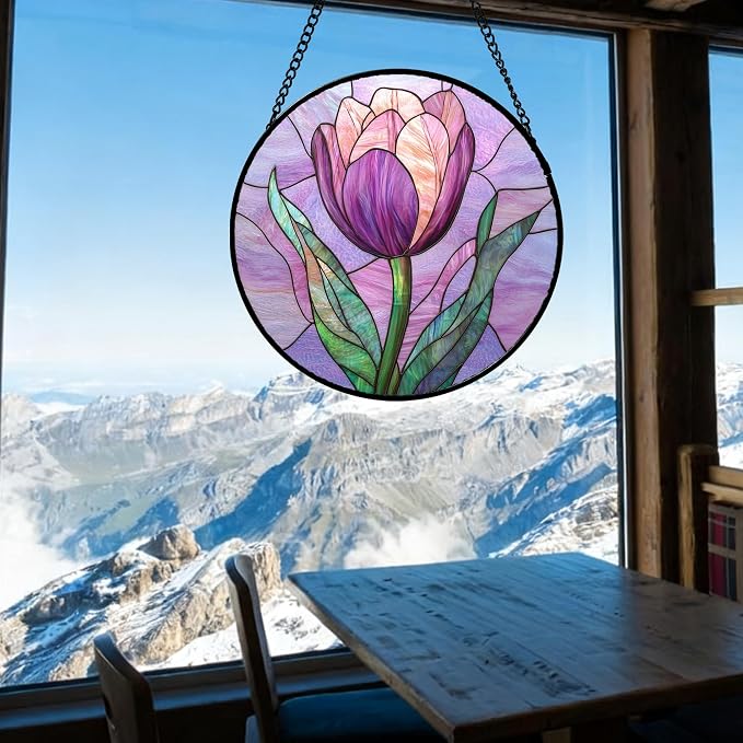 DASTOLL Stained Glass Window Hanging Purple Tulips Flower 6.3" - Suncatcher Door Garden Sun Catcher Home Decor Birthday Mother's Day for Mom Men Woman Parents Her Nana Friend
