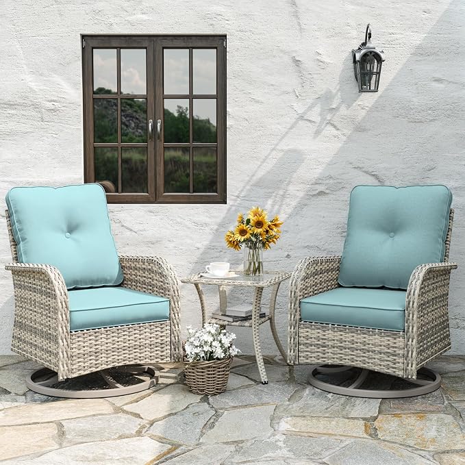 9-Piece Patio Rocking Swivel Chair Outdoor Wicker Rattan Bistro Set with Tempered Glass Side Table, Outdoor Patio Furniture Set for Garden, Deck, and Balcony, Light Blue