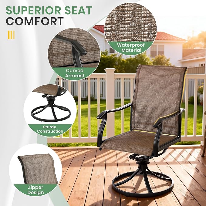 LVUYOYO 7-Piece Outdoor Patio Dining Set, Textilene Swivel Chairs & Rectangular Table Set, All-Weather Table and Chairs Set with Umbrella Hole for Backyard, Garden,Balcony,Porch (Brown)