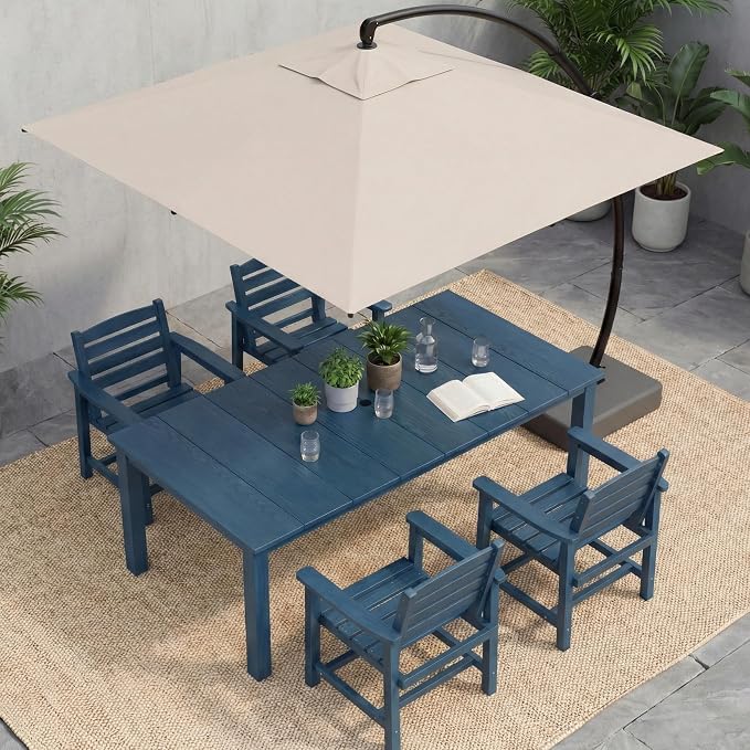 5-Piece Outdoor Dining Set, 10x10FT Cantilever Umbrella for 4,Navy Blue