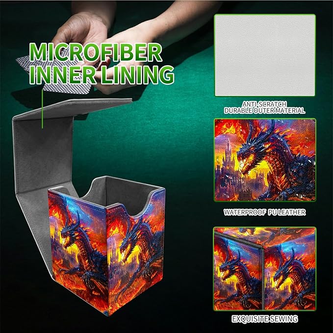 Deck Box for MTG, Cards Storage Box Fits 120+ Sleeved, Leather Medium Size Strong Magnetic Closing Card Case for Board Games Magic TCG CCG Baseball Collection, Castle Flaming Dragon