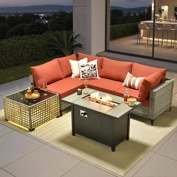 6 Pieces Patio Furniture Set with 42" Fire Pit, All-Weather Rattan Outdoor Sectional Conversation Sets L Shaped Sofas with Solar Light Coffee Table for Porch Balcony,Coarse Stripes Red