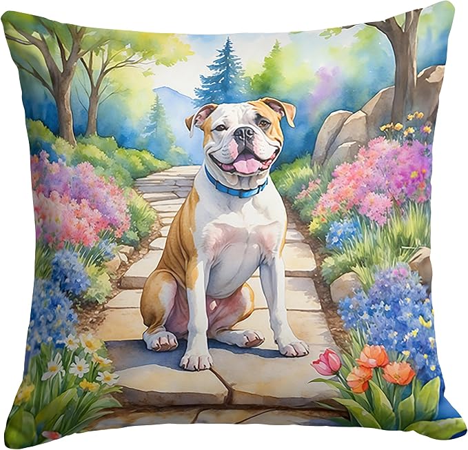 Caroline's Treasures American Bulldog Spring Garden Throw Pillow Machine Washable, Indoor Outdoor Decorative Pillow for Couch, Bed or Patio, 18Hx18W