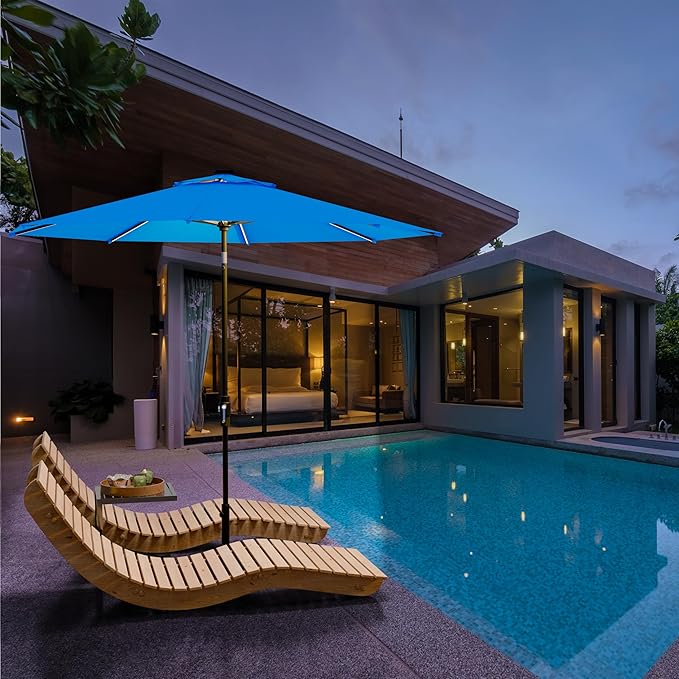 Midtown Umbrellas The LED Swilt 9 Feet Patio Umbrella With Terylast Cobalt (Blue) Polyester Fabric - Auto-Tilt Aluminum Frame With LED Lights For Backyard, Deck, Garden, Pool - Black Pole