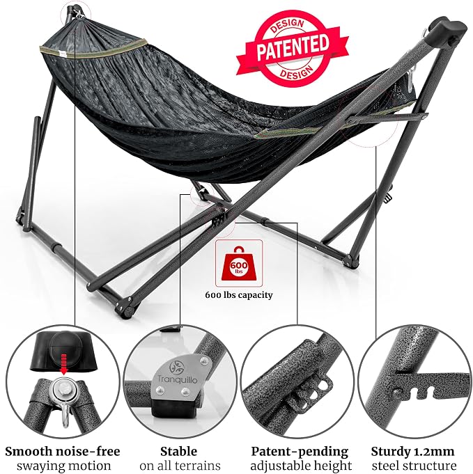 Tranquillo Combo x2 Hammocks with Stand for Outside & Tree Straps, Heavy Duty Hammock with Stand 600lbs for Indoor Outdoor Patio Backyard, x2 Hammocks for 2 Person (Combo - Black, Medium)