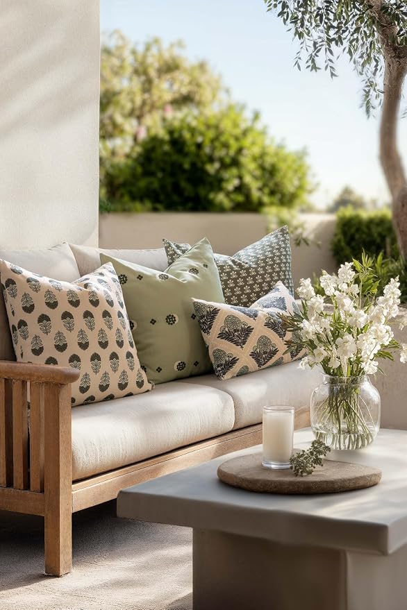 Modern Farmhouse California Casual Indoor Outdoor Throw Pillow Cover, 20"x20" Water Repellent for Patio, Backyard, Couch, Poolside, Earth Tone Olive Green Neutral Block Print Flowers