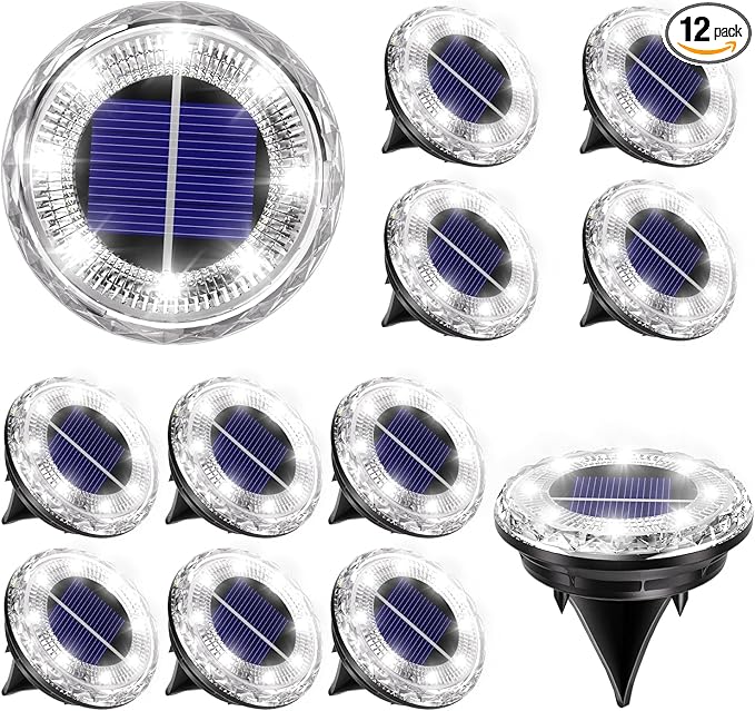 12 Pack Mini Solar Powered Ground Lights, Bright LED Solar Lights Outdoor Waterproof for Landscape Decoration, Pathway Lighting for Garden Walkway Driveway（Cool White）