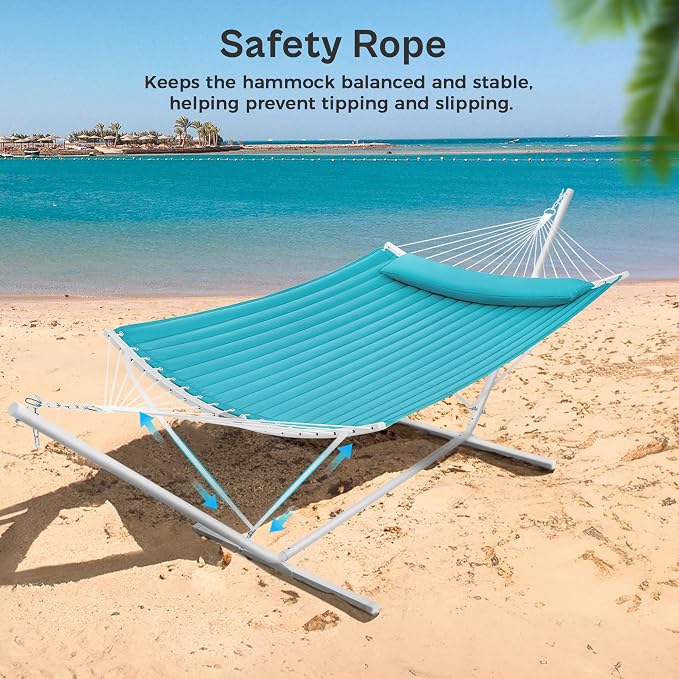 SUPERJARE Hammock with Stand, 2 Person Heavy Duty Hammock with Padded Cotton, Detachable Pillow & Strong Curved-Bar & Portable Carrying Bag, Perfect for Outdoor & Indoor, Sky Blue