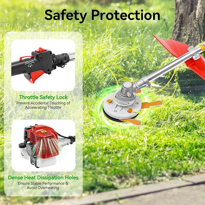 43cc Gas Weed Wacker, 2-Stroke Weed Eater, Two T Cutting Blade Cordless 8500r/Min Gasoline Edger 1250w Single-Cylinder Air-Cooled Engine Pole Saw String Trimmer W/Oil Pot Goggles 33.8 Oz Fuel Tank