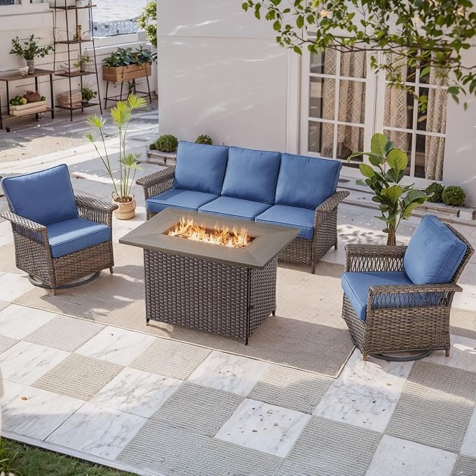 Patio Furniture Set with Fire Pit Table, 4PCS Patio Conversation Set Brown Resin Wicker Swivel Patio Chair and Sofa with 41in Rectangular Fire Table PE Rattan Patio Furniture Set