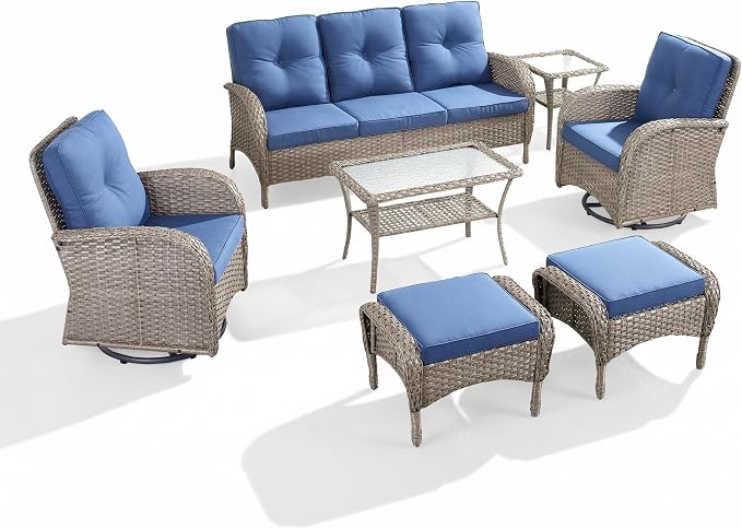7 Piece Patio Furniture Set - Wicker Patio Conversation Set with Swivel Glider, 3 Seat Sofa, 2 Ottomans, Glass Side Table and Coffee Table for Deck Backyard - Grey Wicker Blue Cushion