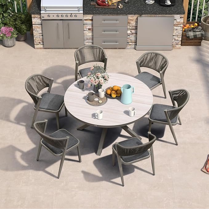 PURPLE LEAF 7 Pieces Round Dining Set Aluminum Frame and Wicker Rattan Patio Table and Chairs with Cushions for Garden Backyard Kitchen Deck Outdoor Grey