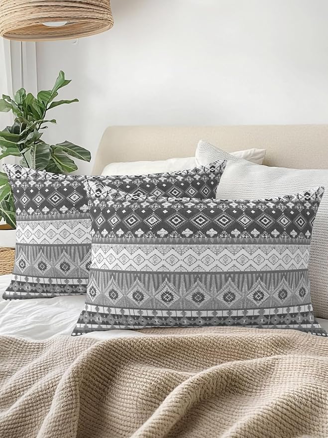 Waterproof Outdoor Pillow 1 Pack Black Bohemian Decorative Throw Pillows Cover & Insert 20x12 Inch Lumbar Pillowcase Boho Style Floral Leaves Geometric Pillows for Couch Sofa Bed Patio Furniture