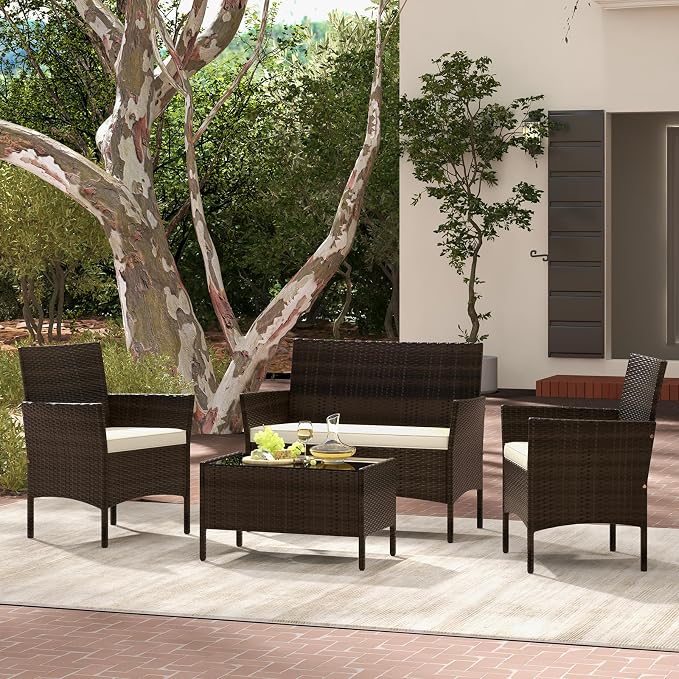 Tangkula 8 Piece Patio Rattan Conversation Set, Outdoor Wicker Furniture Set with Chair, Loveseat & Tempered Glass Table, Cozy Seat Cushions, Outside Sectional Sofa Set for Backyard, Porch (2, Beige)