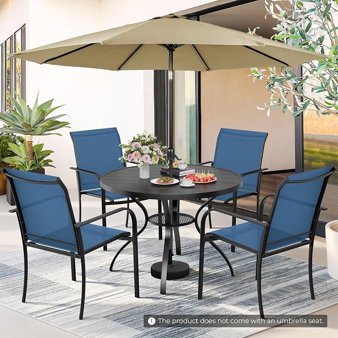 5-Piece Patio Dining Set with Umbrella,4 Person Outdoor Table and Chairs Set, 4 Metal Dining Chairs and Round Outdoor Table with 1.57" Umbrella Hole,Blue