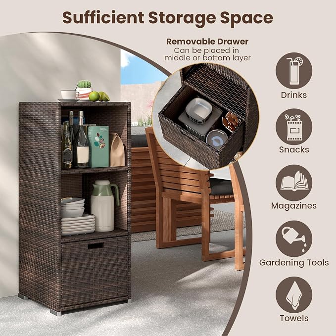Tangkula Rattan Outdoor Storage Cabinet, Patiojoy Outdoor Wicker Cabinet with 3 Shelves, 1 Removable Drawer, Patio Storage Deck Box for Backyard Poolside Porch