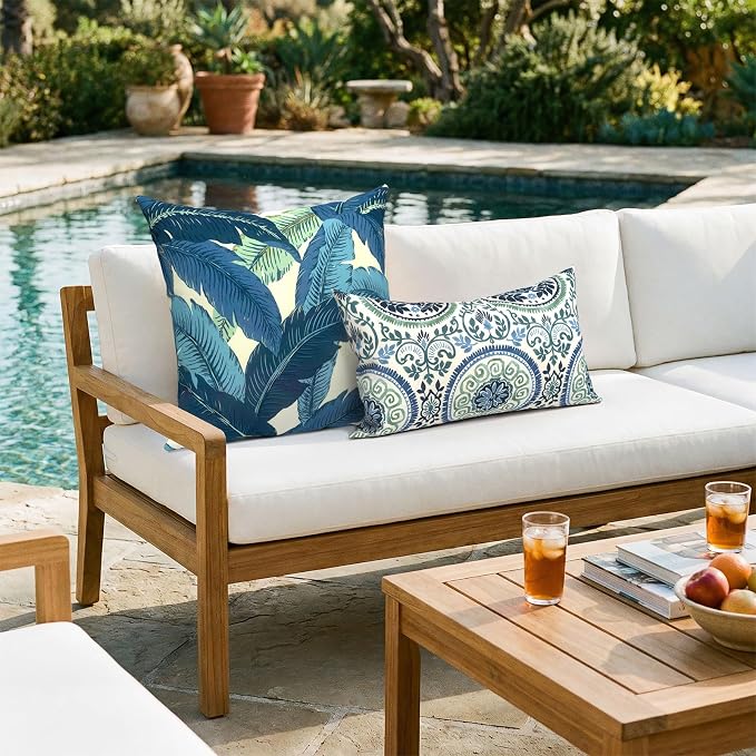 Pack of 2 Patio Throw Pillow Covers ONLY, Water Repellent Cushion Cases 20x20 Inch, Square Pillowcases for Outdoor Couch Decoration, Swaying Palms Blue