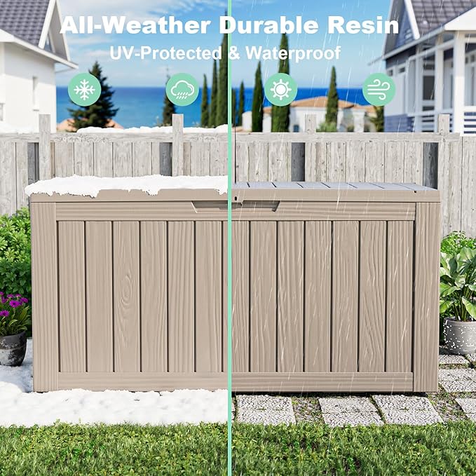 ROJIK Outdoor Storage Housing Deck Box - Waterproof Patio Furniture, Garden Tools, Cushions, Pool Accessories Storage Bench with Lockable Lid and Side Handles (Grey, 80 Gal)
