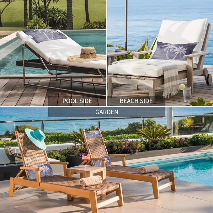 Palm Trees Tropical Outdoor Pillows for Chaise Lounge Chair Beach Headrest Pillow Set of 2 Waterproof Lumbar Pillows with Insert&Strap Shabby Purple Summer Coastal Recliner Pool Pillow 12"x20"
