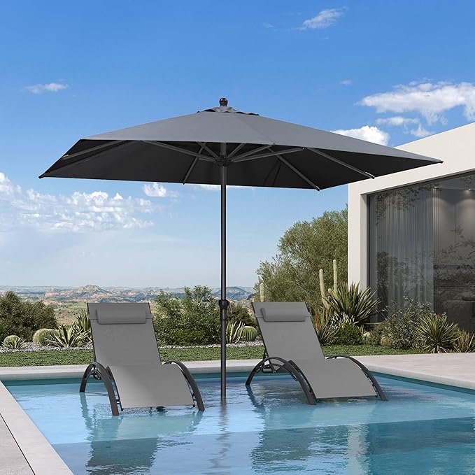 PURPLE LEAF 10' x 8' Rectangle Patio Market Umbrella with Base Outdoor Table Umbrellas Aluminum Frame Sun Shade with 8 Sturdy Ribs for Garden Deck Lawn Pool Gray