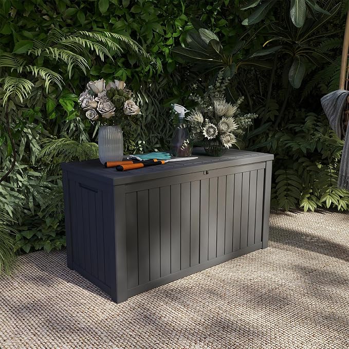 150 Gallon Outdoor Deck Boxes, IP68 Waterproof Outdoor Storage Box with Hydraulic Lid Support, Outside Resin Container for Furniture, Toy, Shoe, Garden & Patio Tools Storage -Black
